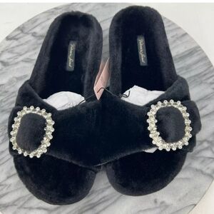 Victoria Secret Slide Slipper Womens Medium Small Studded Diamond Black Faux Fur